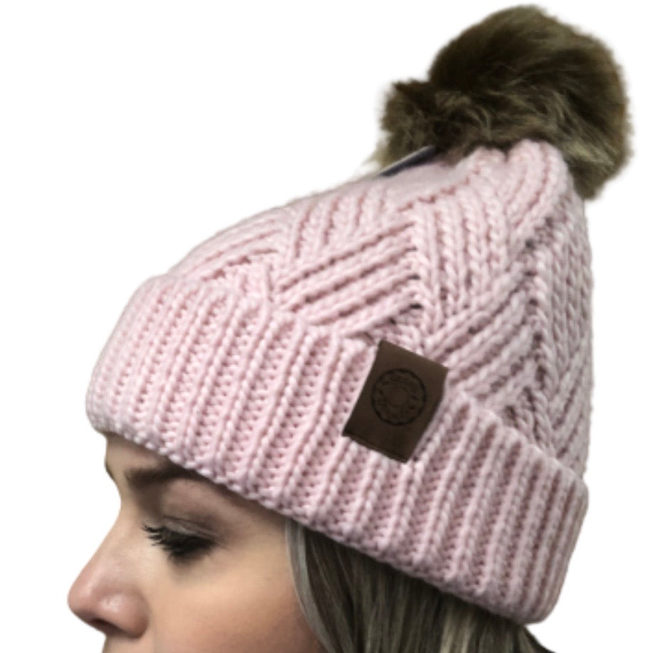 Cross Hatch Beanie With Faux Fur Pom